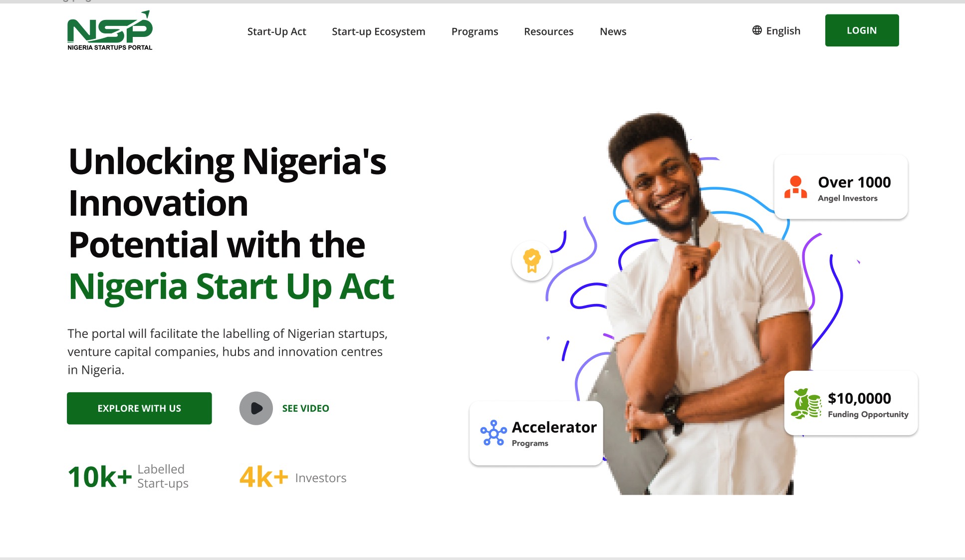 Nigeria Startup Portal homepage with the headline Unlocking Nigeria's Innovation Potential