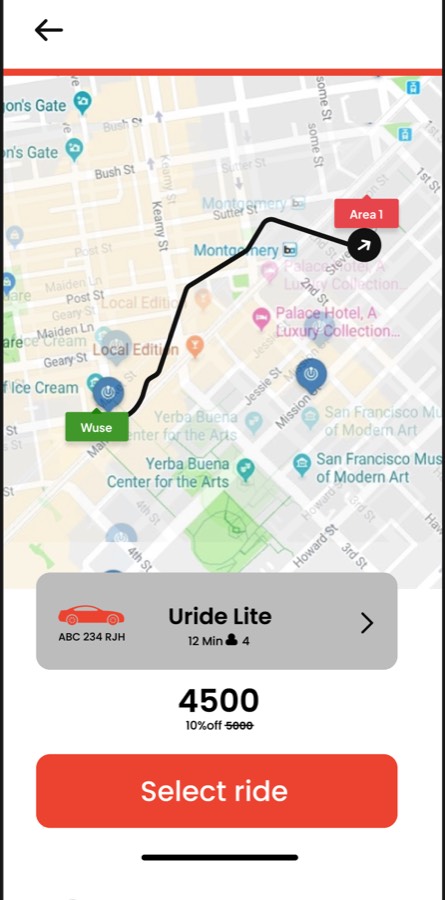 Uride mobile screen for choosing a ride, with a map route from Wuse to Area 1